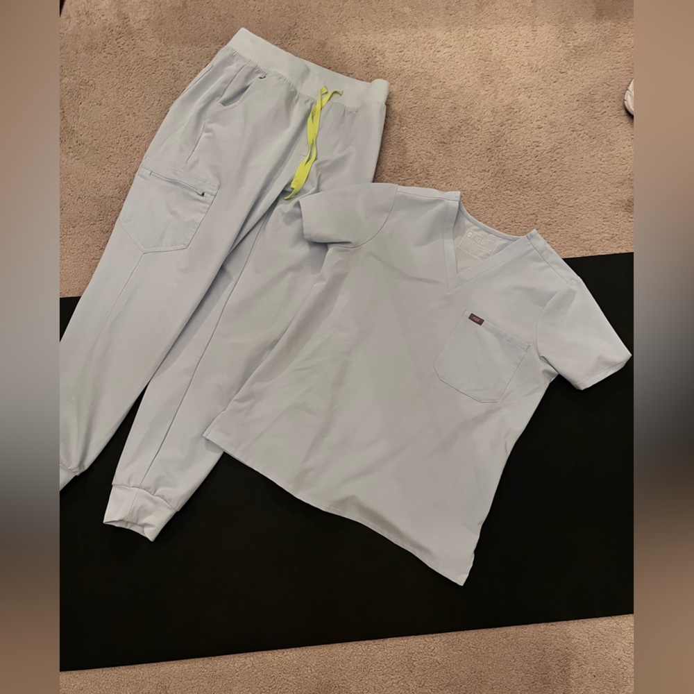 Figs Light Blue Scrub Top and Jogger Set with Yellow Drawstring